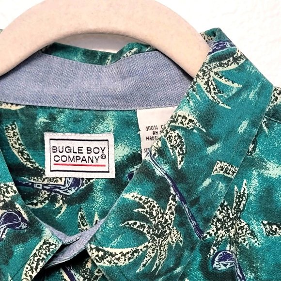 Bugle Boy Company 90s Turquoise Cream Hawaiian Print S/S Button Down Shirt SZ XL - Picture 2 of 6
